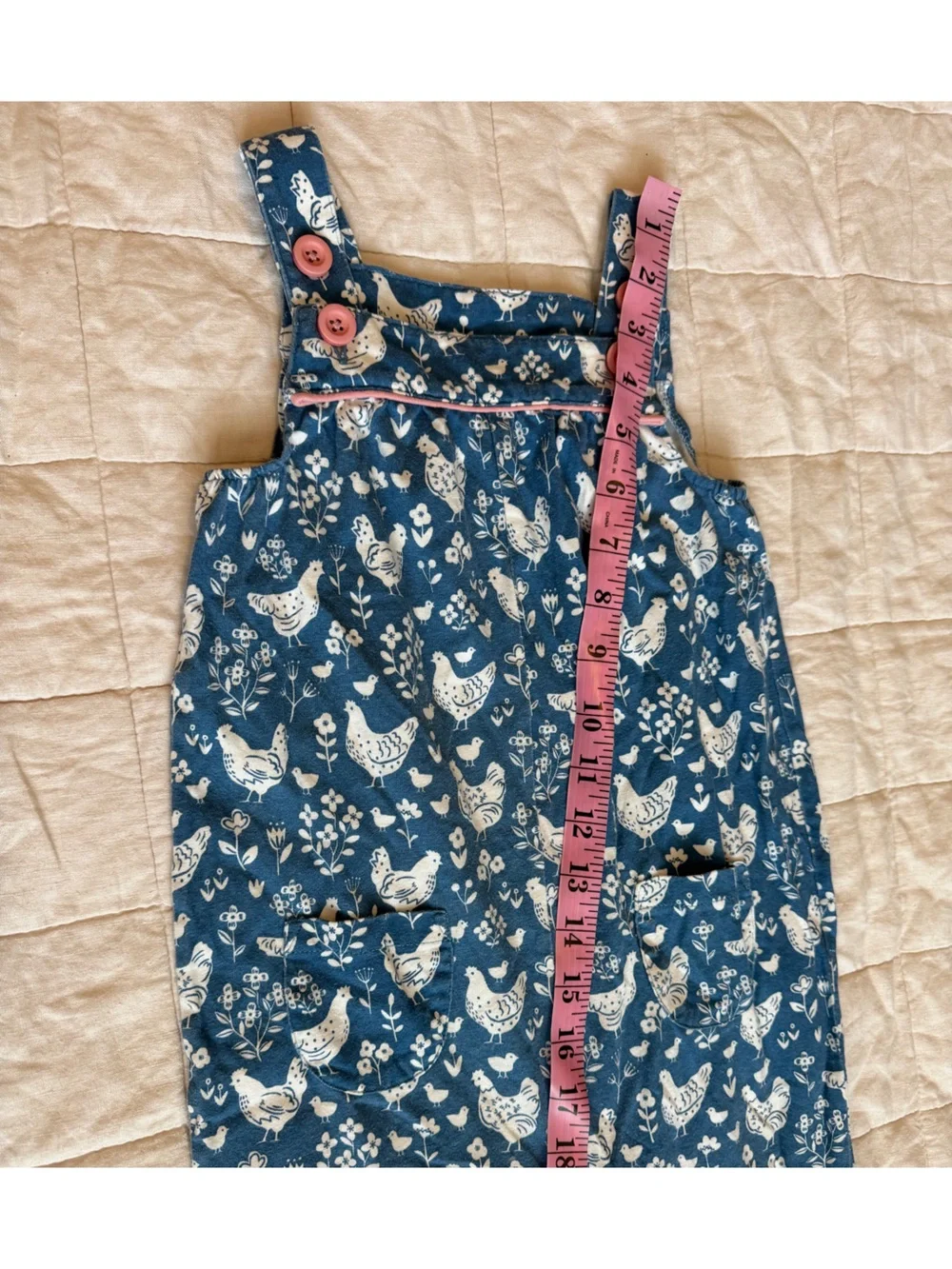 Baby Boden Blue Hen-Print Dungaree Romper Overalls Cottagecore Autumn- 18-24 M